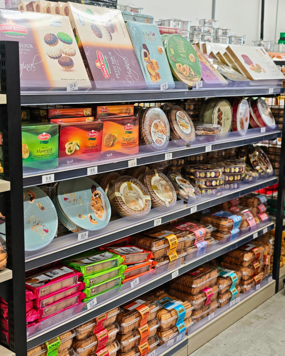 Shelves of snacks and treats in the aisles at Silk Road Foods